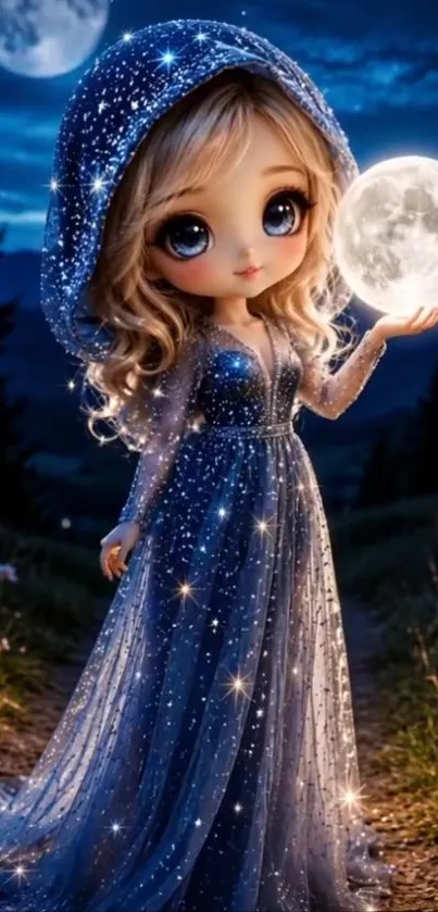 Fantasy character holds moon under a starry sky.