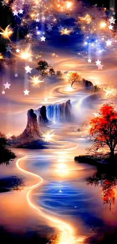 Fantasy nightscape with stars, a glowing waterfall, and vibrant colors.