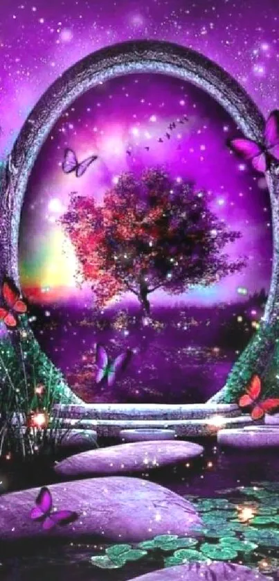 Magical portal with butterflies and tree in a vibrant fantasy landscape.