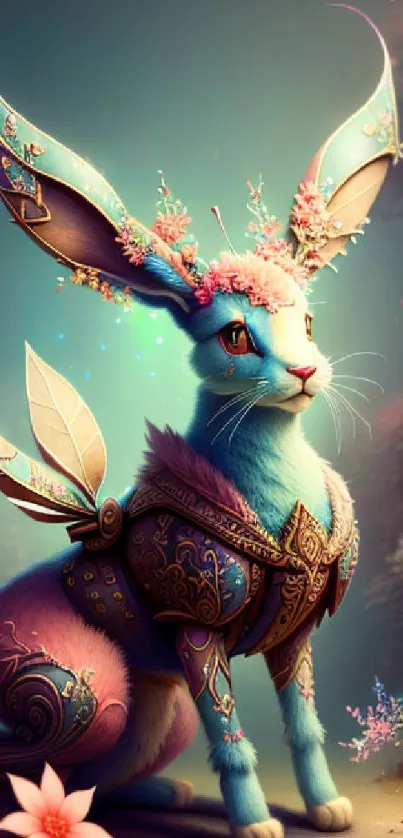 Magical rabbit in a fantasy setting with intricate designs and enchanting flora.