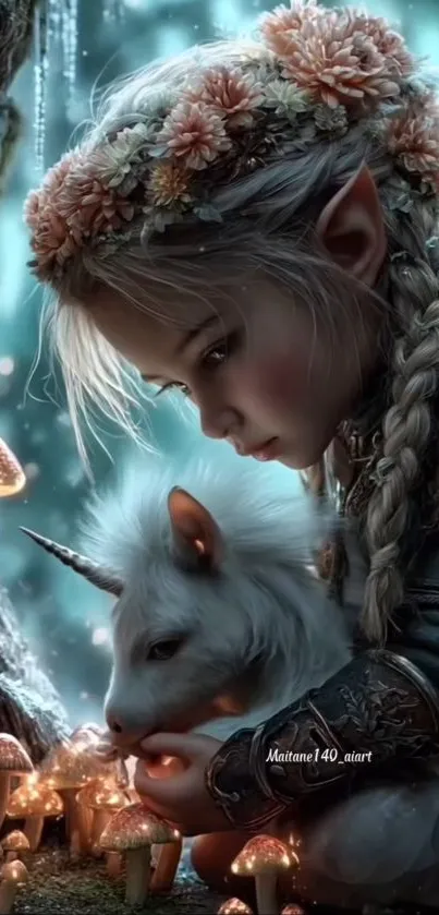 Fantasy realm with elf and magical creature.