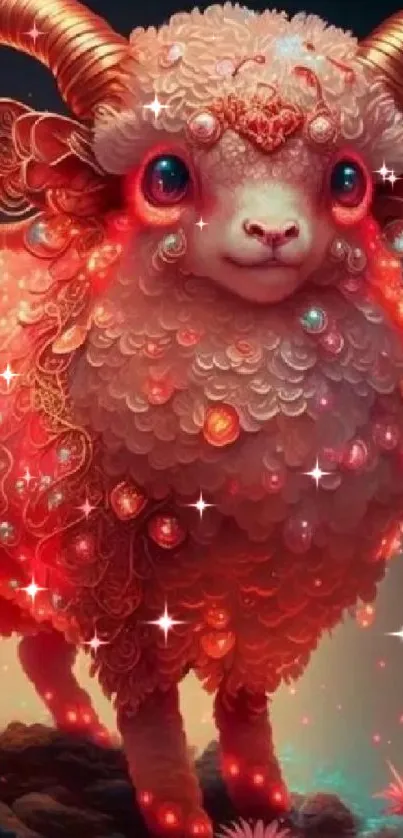 Magical fantasy sheep with coral red hue and vibrant lanterns.