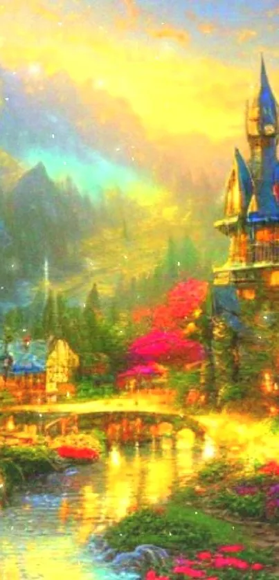 Fantasy village with colorful landscape and flowers.