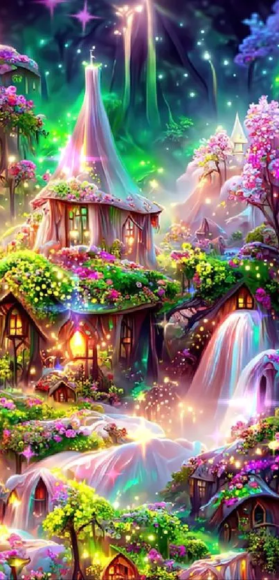 Magical fantasy village with vibrant colors and whimsical houses.