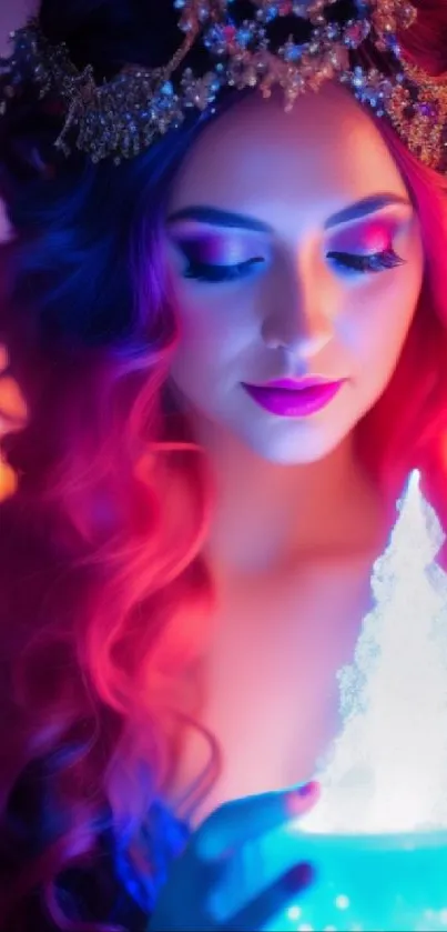 Mystical woman with pink hair and glowing magic orb in vibrant colors.