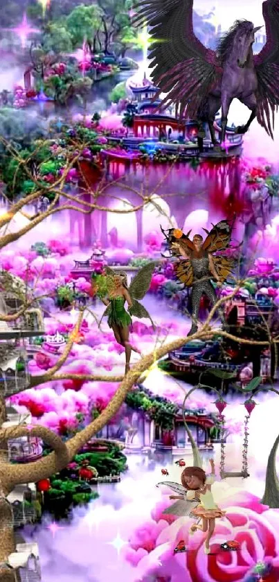 Magical pink fantasy world with mythical creatures.