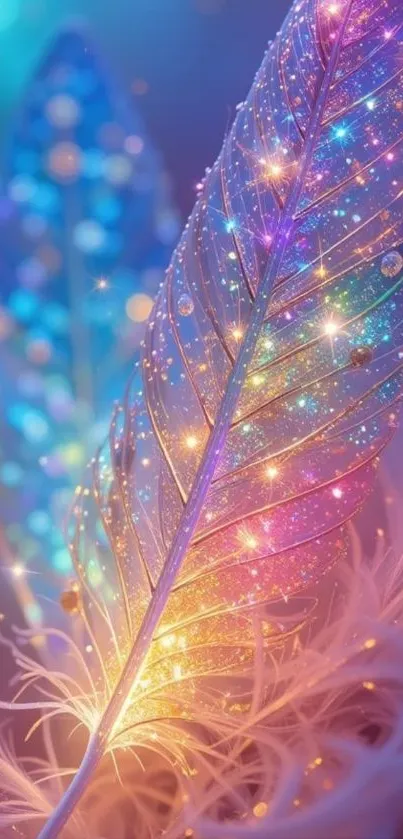 Colorful magical feather glowing with sparkles.