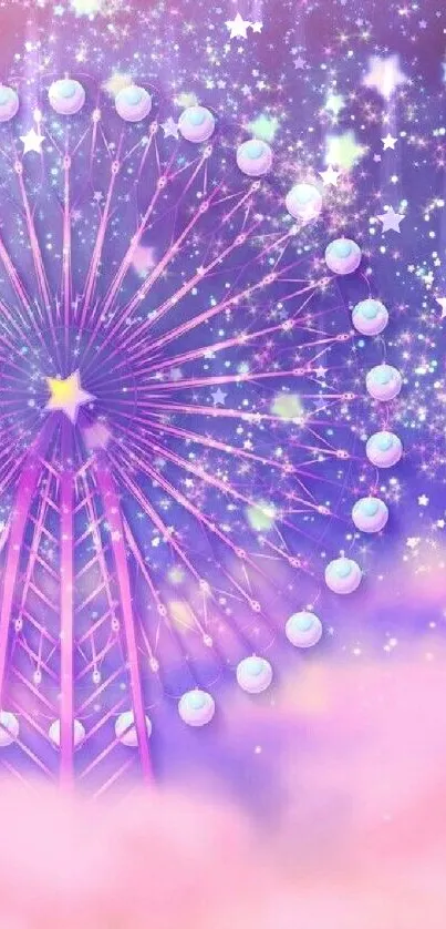 Magical pink Ferris wheel with stars in background.