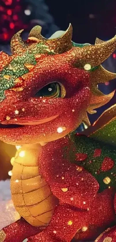 Festive red dragon in winter wonderland with holiday lights.