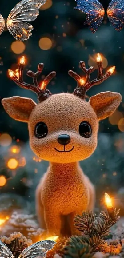 Cute reindeer with glowing antlers, surrounded by butterflies in a festive scene.