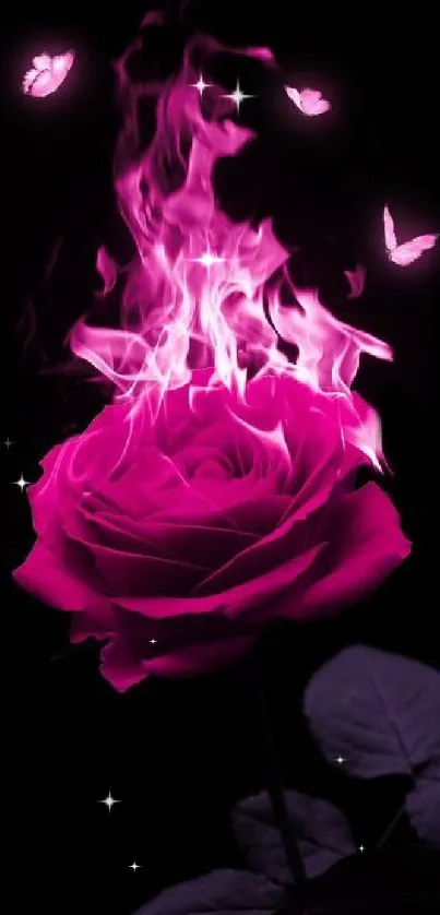 Fiery pink rose with glowing flames on a dark background.