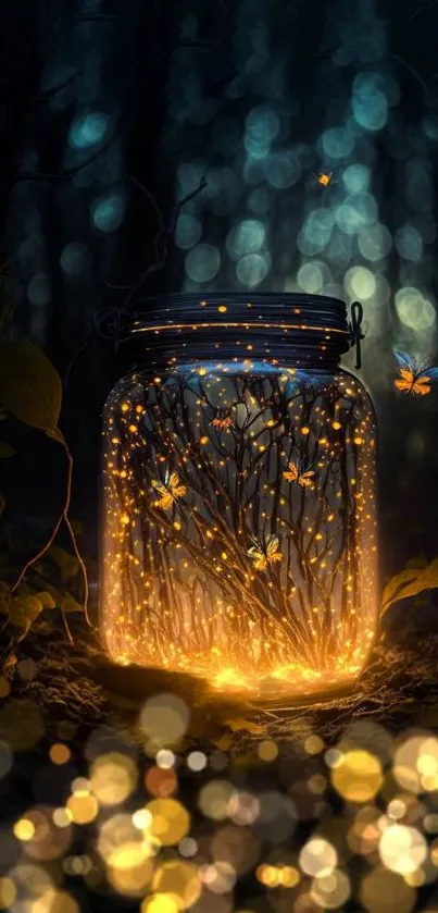 Glowing jar of fireflies in a mystical forest setting.