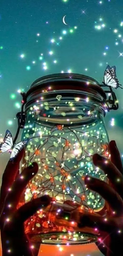 Hands holding a glowing jar with butterflies, under a starry sky.