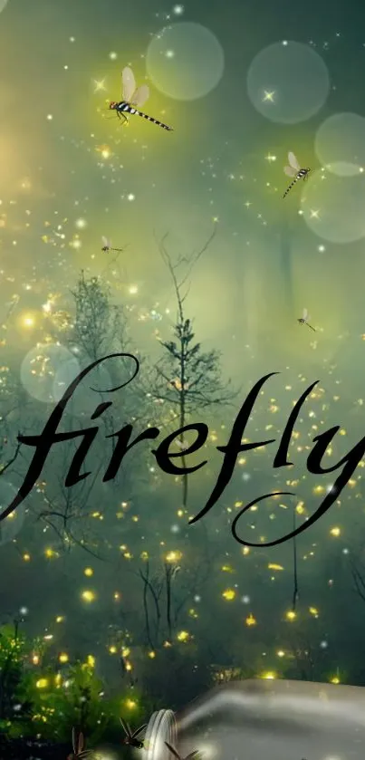 Enchanting firefly nightscape with glowing forest and magical lights.