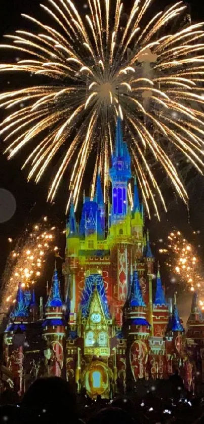 Colorful fireworks over a castle under a dark night sky.