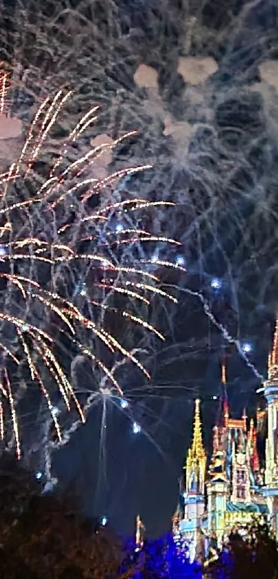 Dazzling fireworks illuminate a castle at night.