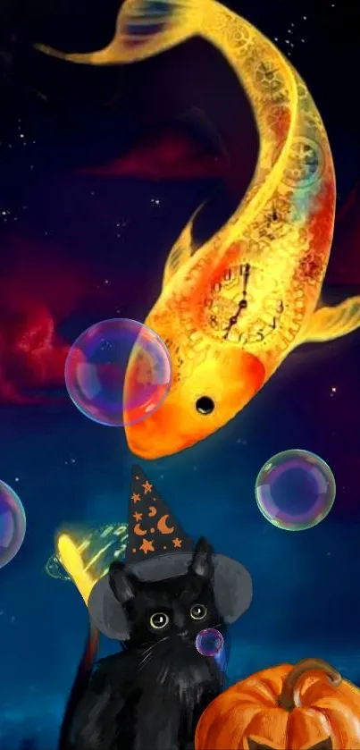 Fantasy scene with fish, black cat, pumpkin, and bubbles.