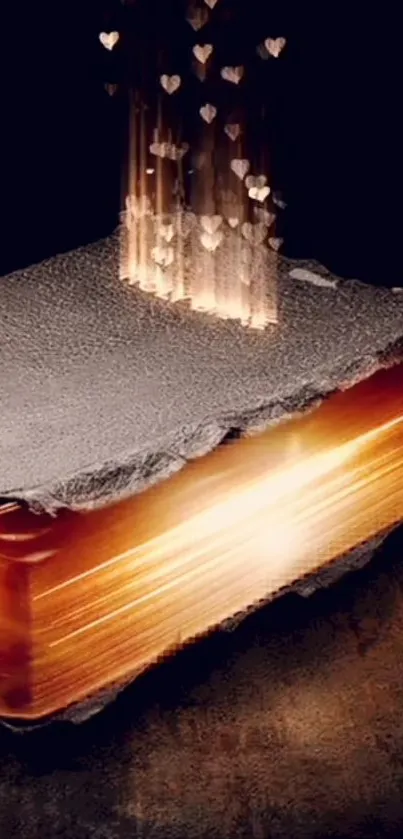 Glowing book with hearts cascading light.