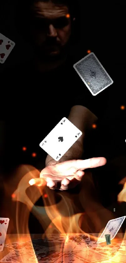 Floating playing cards in a dark, magical setting with hand illusion.