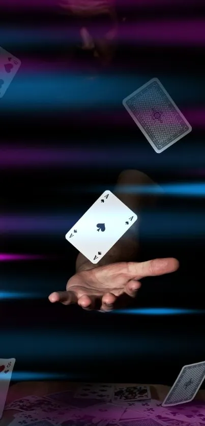 Floating playing cards with magical colors.