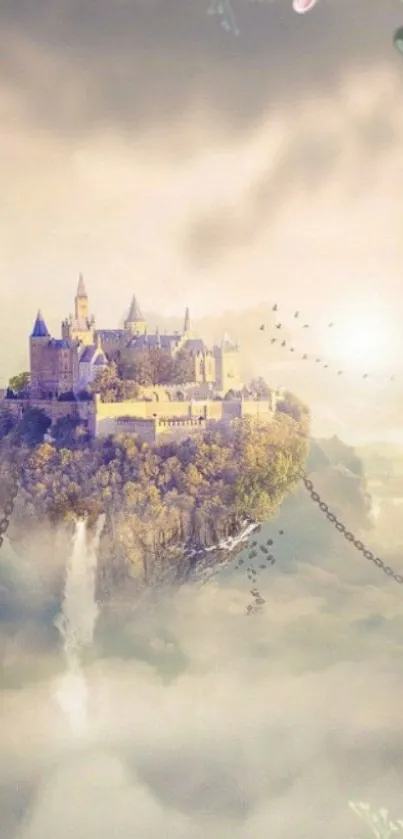 Magical floating castle in a fantasy landscape with soft clouds and dreamy atmosphere.