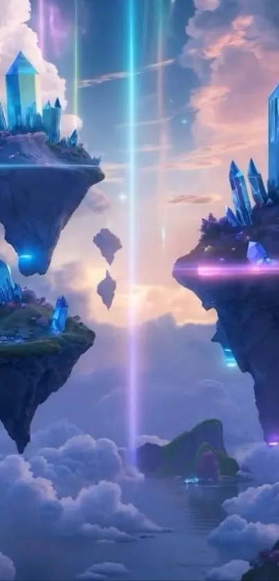 Enchanting floating islands with glowing crystals under cloudy sky.