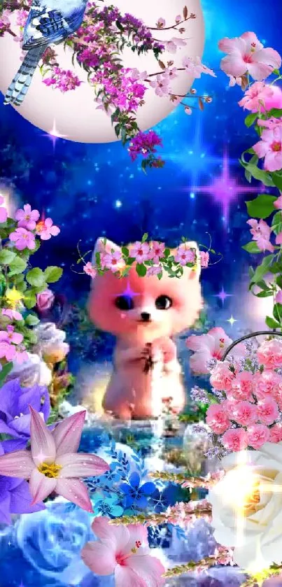 Cute fantasy animal with floral wreath under moonlight in a colorful wallpaper.