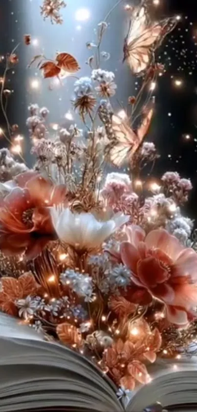 Open book with flowers and butterflies emerging, creating a magical effect.