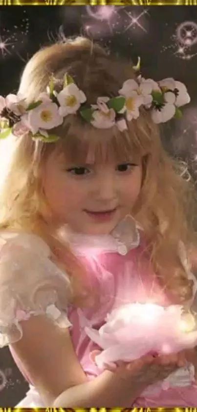 Girl with flower crown holding glowing light, magical atmosphere.