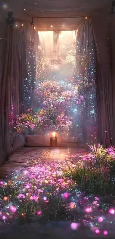 Enchanting room with glowing flowers and candlelight, creating a magical dreamscape.