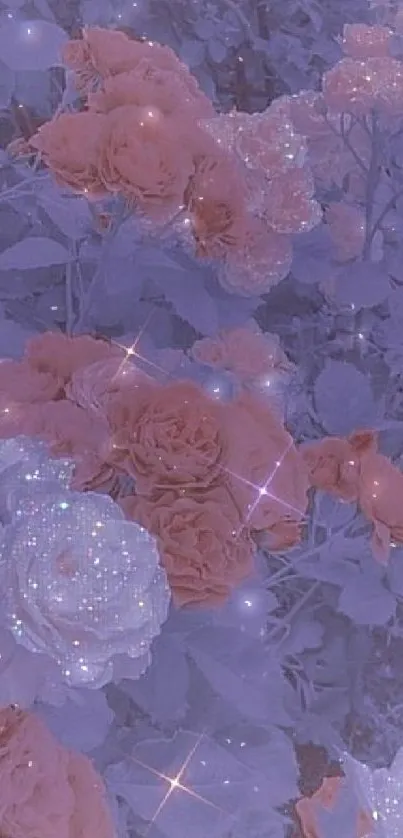 Lavender and peach roses with sparkles, creating a dreamy floral wallpaper.