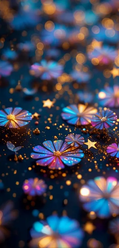 Iridescent flowers and stars mobile wallpaper with a magical touch.