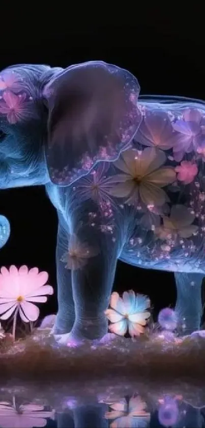 A luminous elephant adorned with pastel flowers, emitting a magical glow.