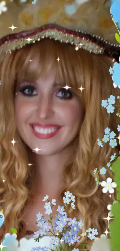 Smiling woman with flowers and sparkles in a fantasy-themed mobile wallpaper.
