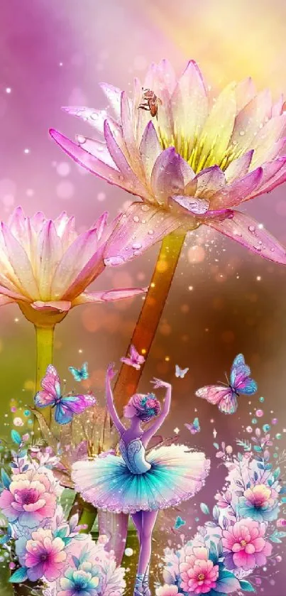 Magical floral fantasy wallpaper with flowers and butterflies.