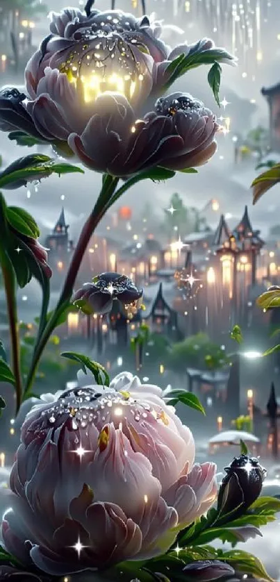 Magical flowers and cottages in a fantasy nighttime scene.