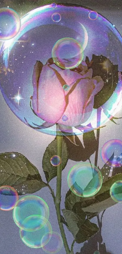 A magical rose in a cosmic bubble with shimmering stars on a mobile wallpaper.