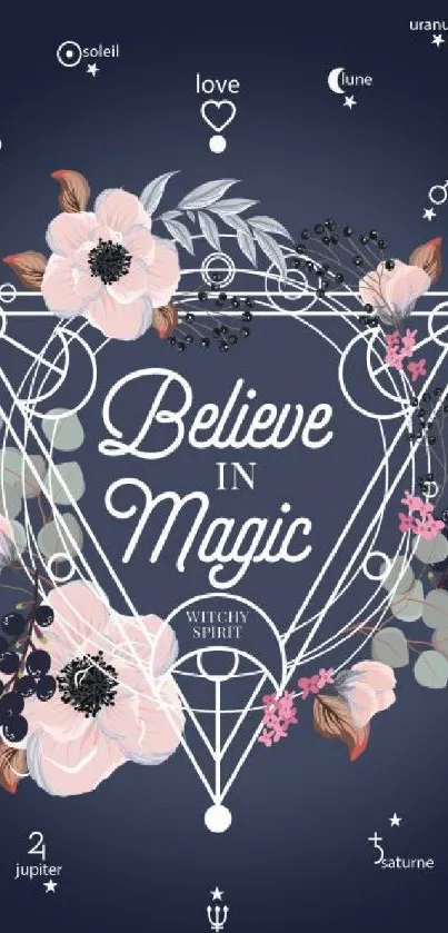 Geometric floral wallpaper with cosmic elements and 'Believe in Magic' text.