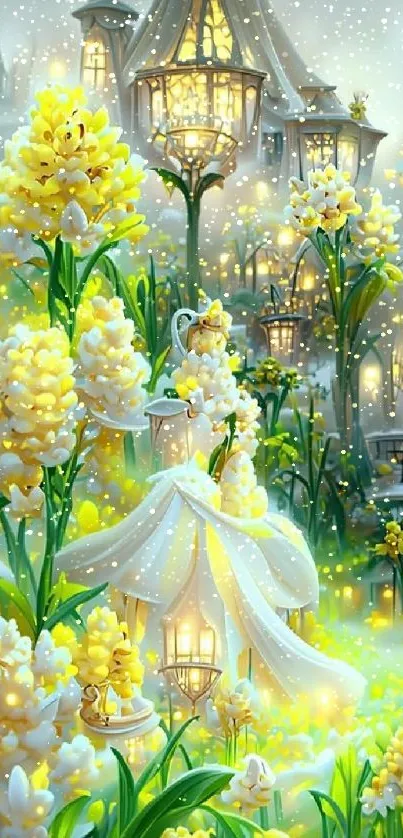 Magical garden with lanterns and yellow flowers glowing softly.