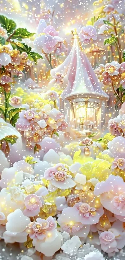 Magical floral and lantern wallpaper with soft pastel flowers.