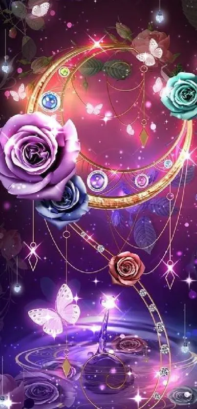 Magical floral moon design with purple roses and stars.