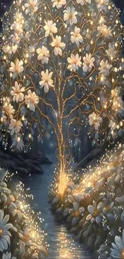 Luminous tree with glowing daisies by a starlit stream.