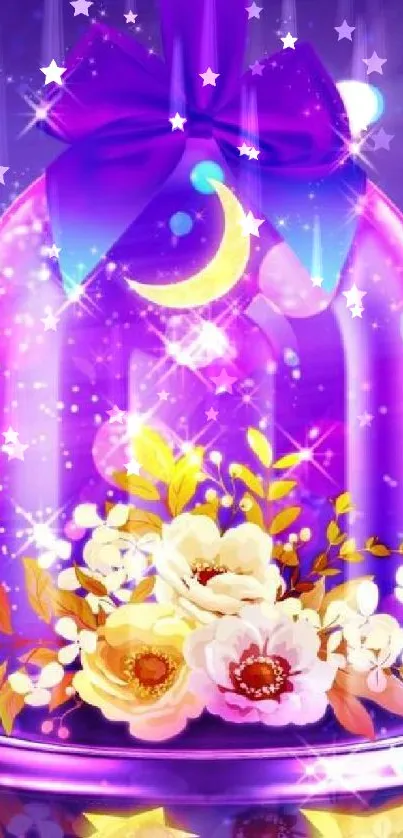 Enchanting floral night wallpaper with stars and a glass dome.