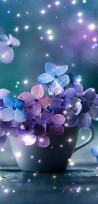 Enchanting mobile wallpaper with purple flowers and sparkles.