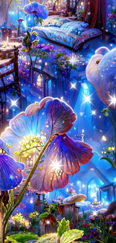 Magical flower scene with blue hues and dreamy details in fantasy artwork.