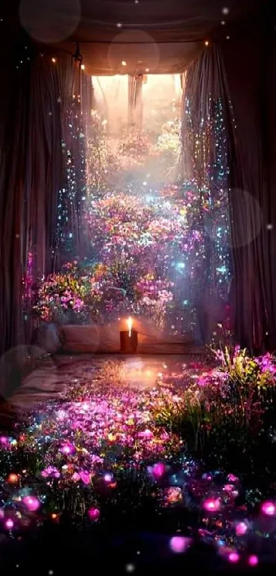 Magical room with glowing flowers under a dim light, creating a serene ambiance.