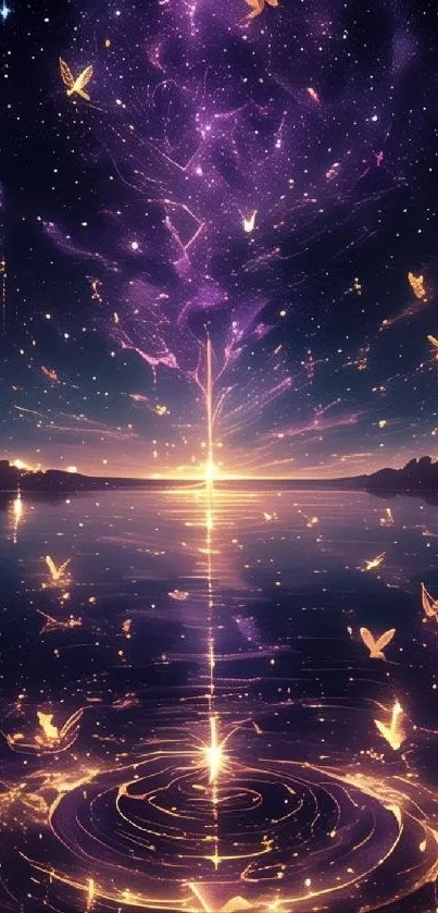 Magical night sky with butterflies over a lake.