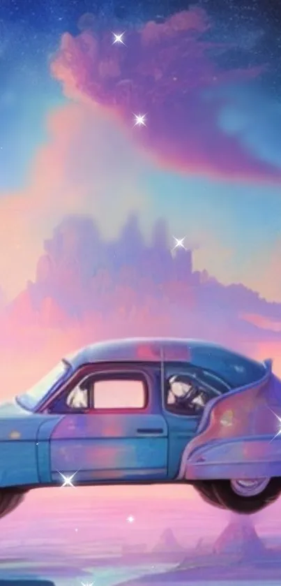 Flying car against a pastel sky with stars and clouds.