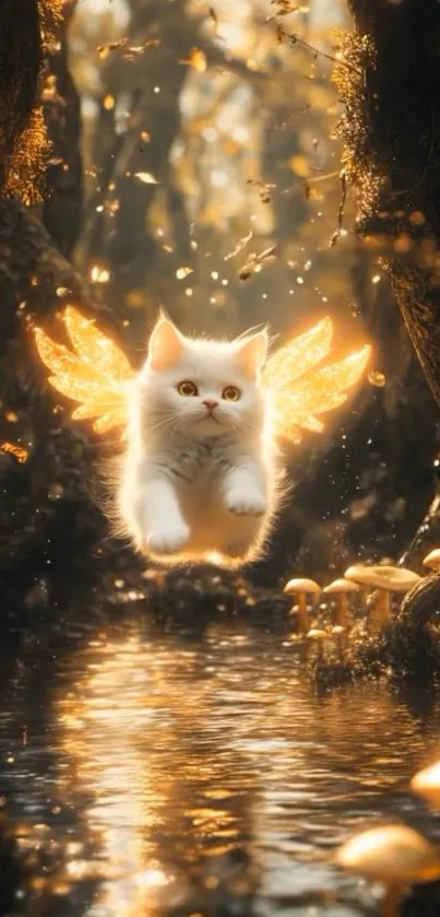 A magical cat with wings flies in a glowing forest.