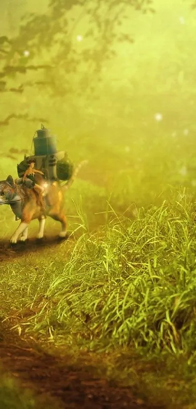 A child rides a fluffy dog through a magical forest path, creating a whimsical scene.